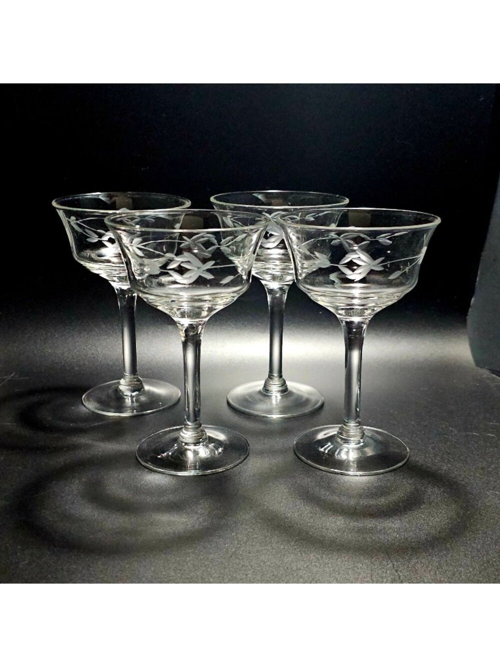 4 Deco Rose Champagne Coupe 5.5" glasses etched cocktail romantic elegance